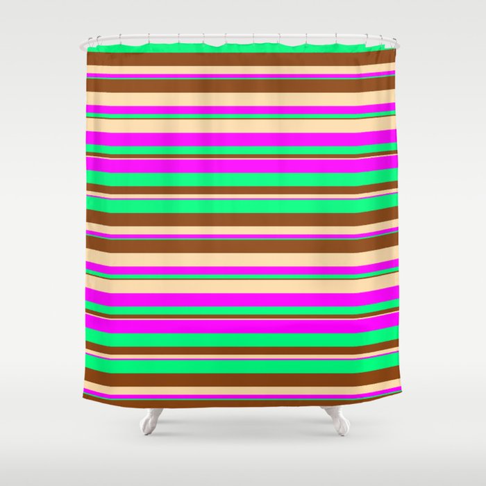 Tan, Fuchsia, Green & Brown Colored Striped Pattern Shower Curtain