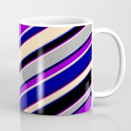 [ Thumbnail: Eyecatching Dark Violet, Beige, Dark Grey, Dark Blue & Black Colored Lined Pattern Coffee Mug ]