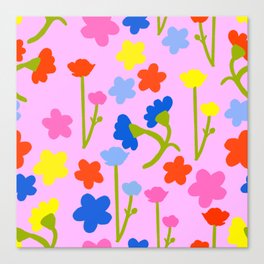 Cheerful 80’s Summer Flowers On Pastel Pink Canvas Print