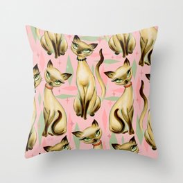 Mid-century Modern Siamese Cats on Pink Throw Pillow