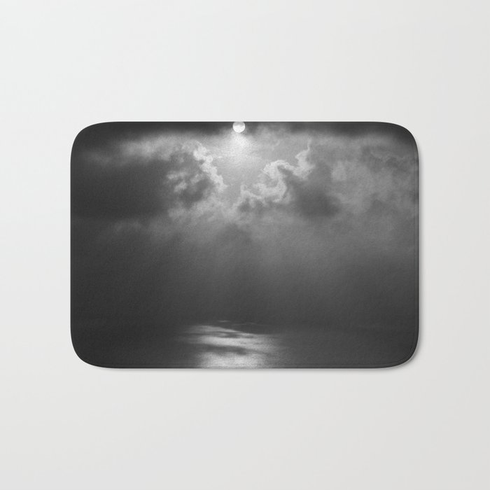 Isle of Corfu, Greece stormy day sun and clouds over ocean black and white monochrome photograph - photography - photographs Bath Mat