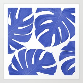 Blue Monstera Leaves White Background - Blue and White #decor #society6 #buyart Art Print