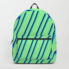 [ Thumbnail: Green, Blue & Deep Sky Blue Colored Stripes Pattern Backpack ]