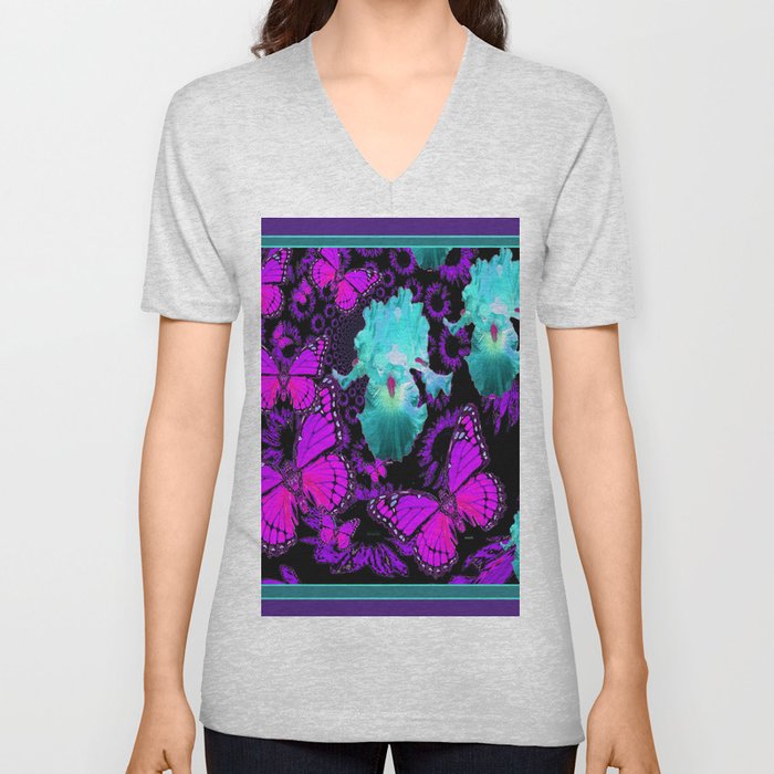 Purple Butterflies & Teal-aqua Iris V Neck T Shirt