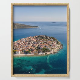 Aerial view of Primosten peninsula and old town in Croatia Serving Tray