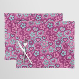 Happy Daisy and Heart Pattern, Cute, Fun, Vibrant Pink, Purple, Mint Placemat