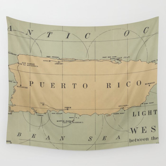 Vintage Lighthouse Map of Puerto Rico (1898) Wall Tapestry by 