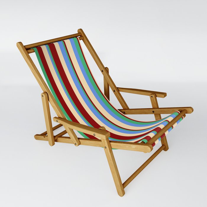 Beige, Cornflower Blue, Sea Green, and Dark Red Colored Lines/Stripes Pattern Sling Chair