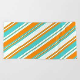 [ Thumbnail: Mint Cream, Dark Orange & Turquoise Colored Lined/Striped Pattern Beach Towel ]