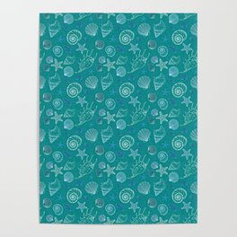 Vintage Seashell Pattern In Tropical Ocean Aqua And Blue Boho Aesthetic Poster