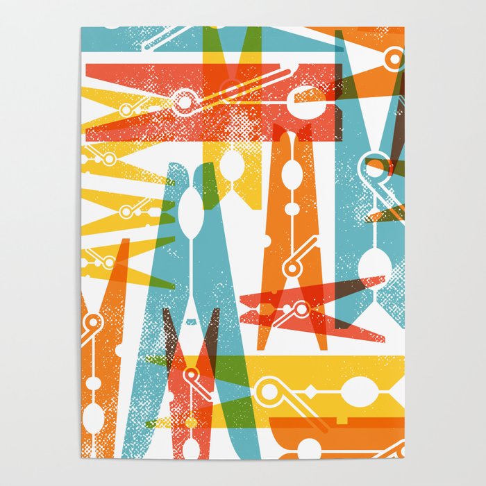 Clothespins Laundry Day Art Bright Colors Poster