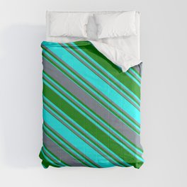 [ Thumbnail: Slate Gray, Green & Cyan Colored Stripes/Lines Pattern Comforter ]