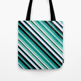 [ Thumbnail: Dark Cyan, Aquamarine, Lavender & Black Colored Pattern of Stripes Tote Bag ]
