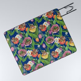 Spring Tulips with Cute Mouse - blue Picnic Blanket