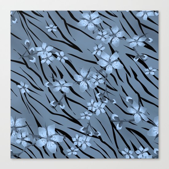 Blue flowers on blue tiger background. Canvas Print