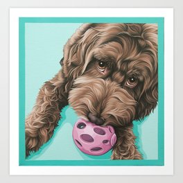 Labradoodle Dog with a Ball Art, Cute Puppy with Toy, Labradoodle Portrait Art Print