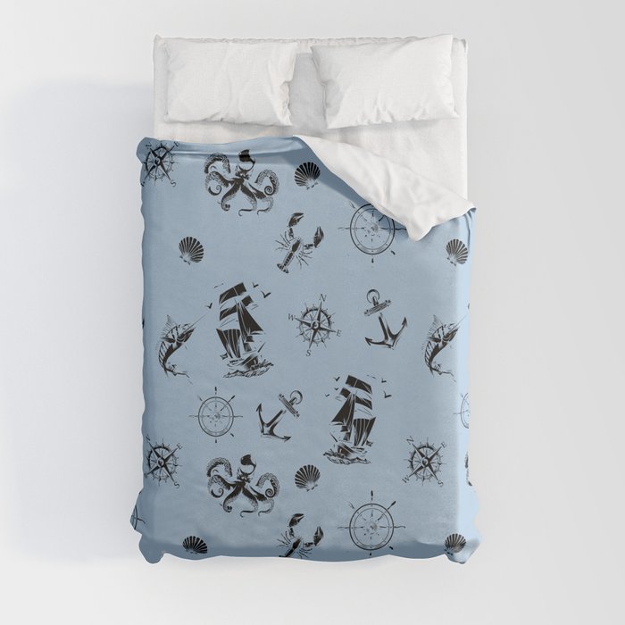 Pale Blue And Black Silhouettes Of Vintage Nautical Pattern Duvet Cover
