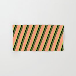 [ Thumbnail: Colorful Pale Goldenrod, Green, Black, Dark Olive Green & Light Salmon Colored Lined/Striped Pattern Hand & Bath Towel ]