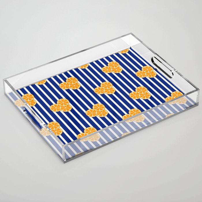 Orange Slices On Navy Blue Stripes Acrylic Tray By Fischerfinearts