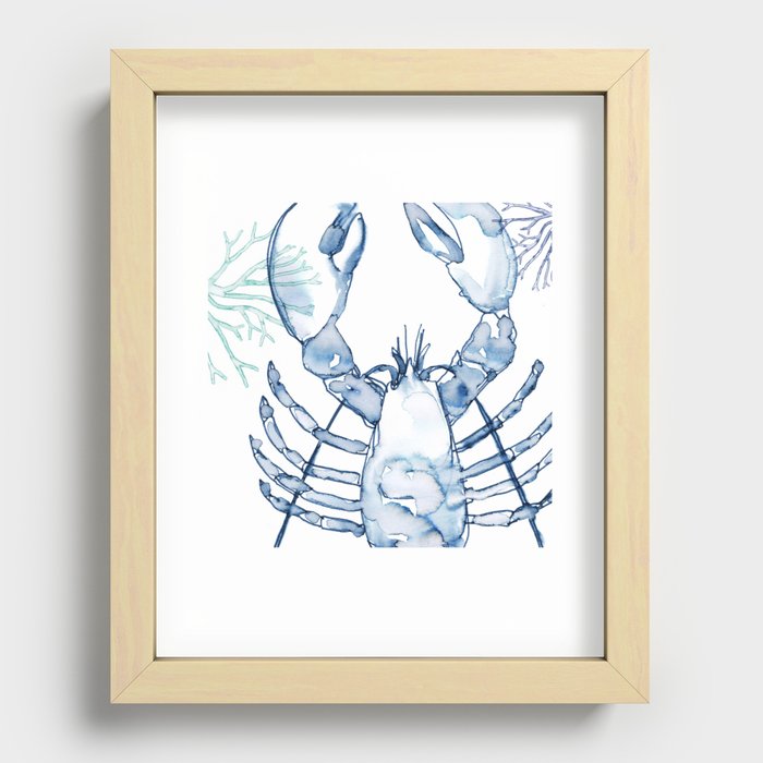 Coastal Lobster, Watercolor in Blues Recessed Framed Print