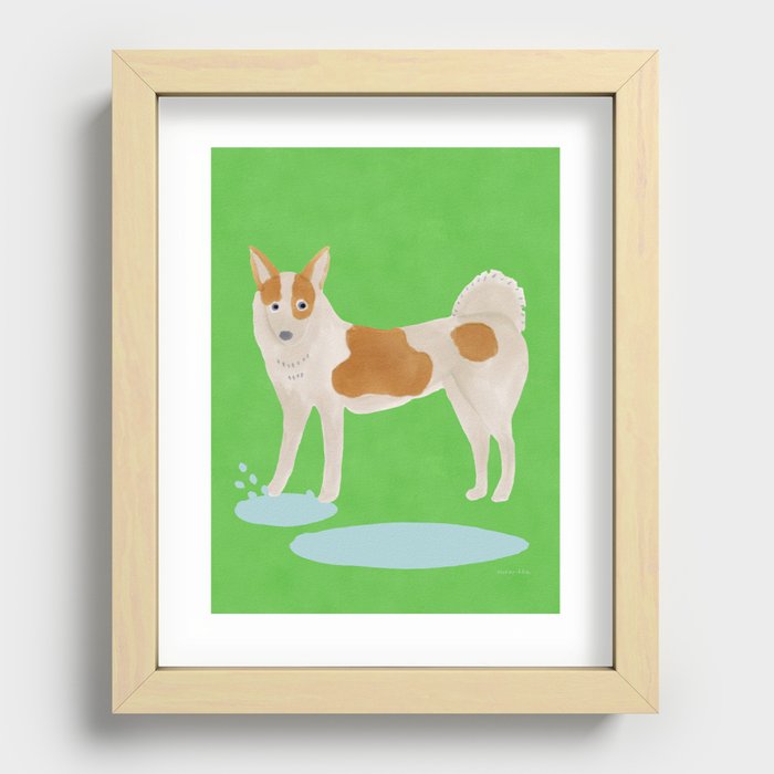 Dog Stepping into a Puddle - Brown and Green Recessed Framed Print