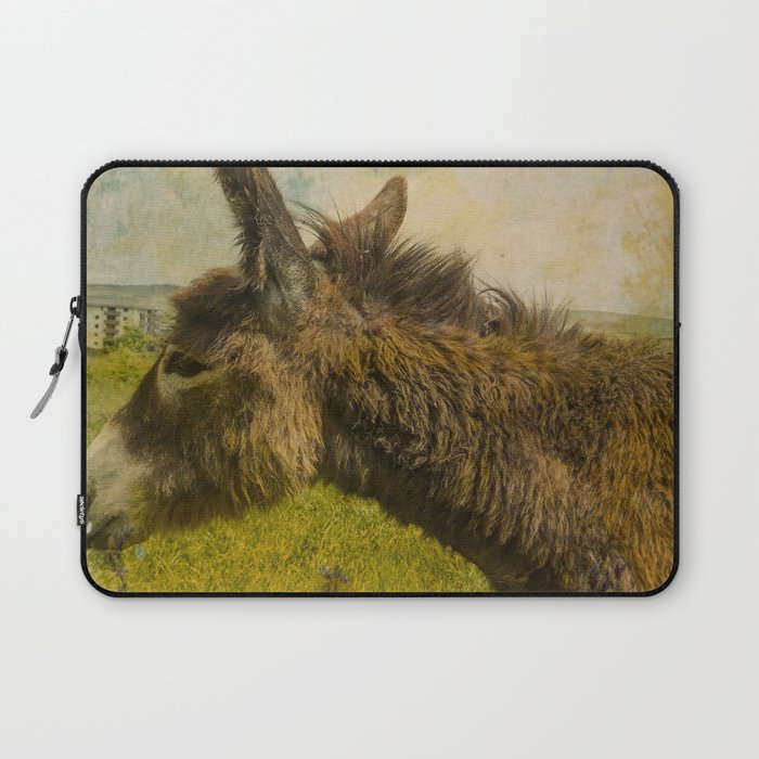 Vintage  cute brown donkey colt on the field Laptop Sleeve