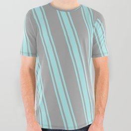 [ Thumbnail: Dark Gray and Turquoise Colored Stripes/Lines Pattern All Over Graphic Tee ]