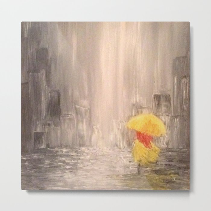 Walking in the Rain 2 Yellow overcoat and yellow umbrella Metal Print
