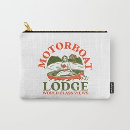 Motorboat Lodge: World Class Views. Funny Retro Pinup Girl In A Canoe Carry-All Pouch | Gift, Graphicdesign, Pinup, Funny, Cute, Fishing, Vintage, Motorboat, Boat, Canoe 