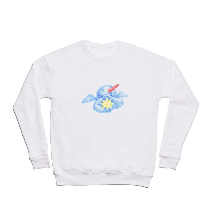 Pencil illustration of a cute smiling snowman with angel wings and the Bethlehem Christmas star in his hands Crewneck Sweatshirt