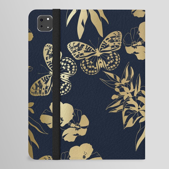 Exotic Floral and Butterfly Art Navy and Gold iPad Folio Case