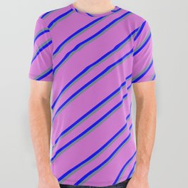 [ Thumbnail: Orchid, Blue & Light Slate Gray Colored Pattern of Stripes All Over Graphic Tee ]
