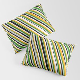 [ Thumbnail: Orange, Forest Green, Light Grey, Black & White Colored Striped Pattern Pillow Sham ]