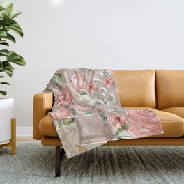 Peach Blush Vintage Watercolor Floral Pattern Throw Blanket