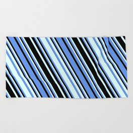 [ Thumbnail: Cornflower Blue, Black, and Light Cyan Colored Striped Pattern Beach Towel ]
