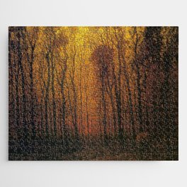 Deep woods in fall birch and aspen trees in golden twilight landscape nature painting by John Joseph Enneking Jigsaw Puzzle