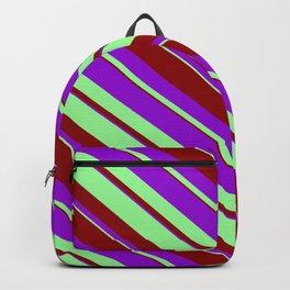 [ Thumbnail: Green, Dark Red & Dark Violet Colored Lined/Striped Pattern Backpack ]