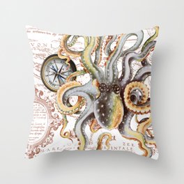 Octopus Orange Grey Compass Vintage Map Nautical Throw Pillow