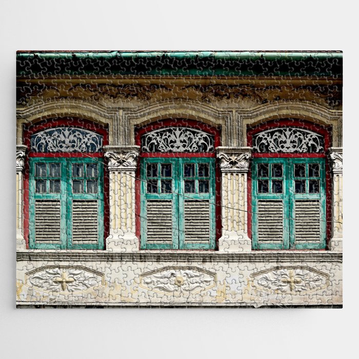 Traditional Singapore Peranakan or Straits Chinese shop house with arched windows and antique green shutters in downtown Singapore Jigsaw Puzzle