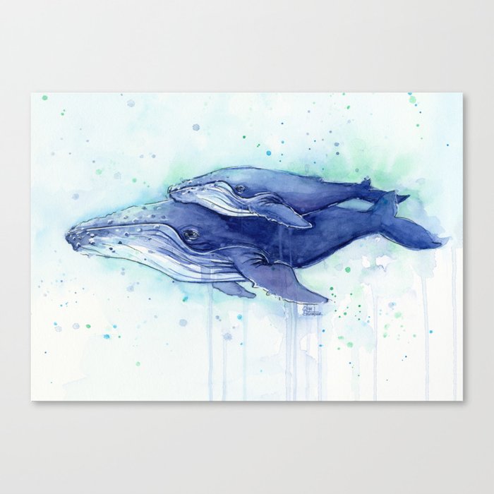 Humpback Whale Watercolor Mom And Baby Painting Whales Sea