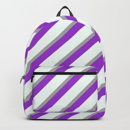 [ Thumbnail: Dark Gray, Dark Orchid, and Mint Cream Colored Lined/Striped Pattern Backpack ]