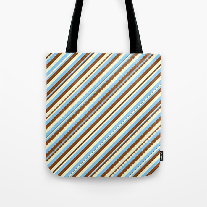 Light Yellow, Light Sky Blue & Brown Colored Pattern of Stripes Tote Bag