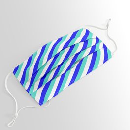 [ Thumbnail: Turquoise, White & Blue Colored Stripes/Lines Pattern Face Mask ]