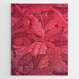 William Morris herbaceous acanthus crimson red Italian Laurel textile floral leaf print for duvet, curtain, pillow, bathroom, wallpaper, and home and wall decor Jigsaw Puzzle