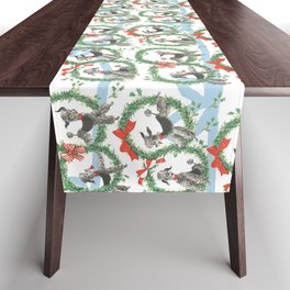 POODLES celebrate CHRISTMAS with a blue ribbon Table Runner
