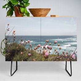 Pink Flowers by the Ocean | Travel Photography in Portugal Art Print | Summer at Bordeira Beach Credenza