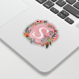 Flower Wreath with Personalized Monogram Initial Letter S on Pink Watercolor Paper Texture Artwork Sticker