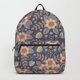 Slate Blue, Cream & Peach Floral Pattern - Pastel Flowers & Leaves Backpack