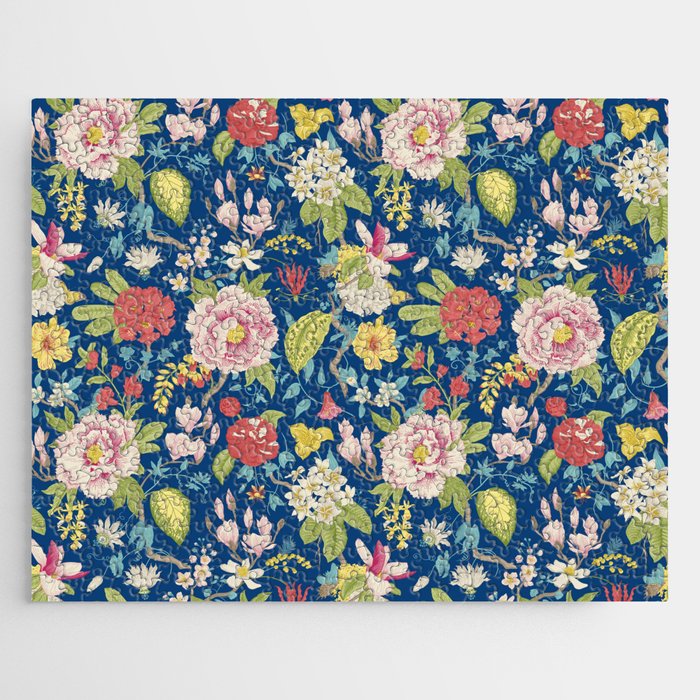 Blooming Summer Floral Garden Blue & Pink Jigsaw Puzzle