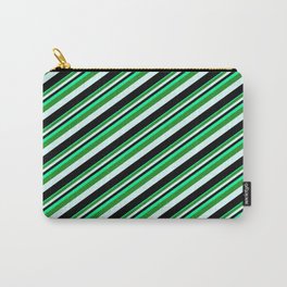 [ Thumbnail: Green, Forest Green, Light Cyan & Black Colored Lines/Stripes Pattern Carry-All Pouch ]